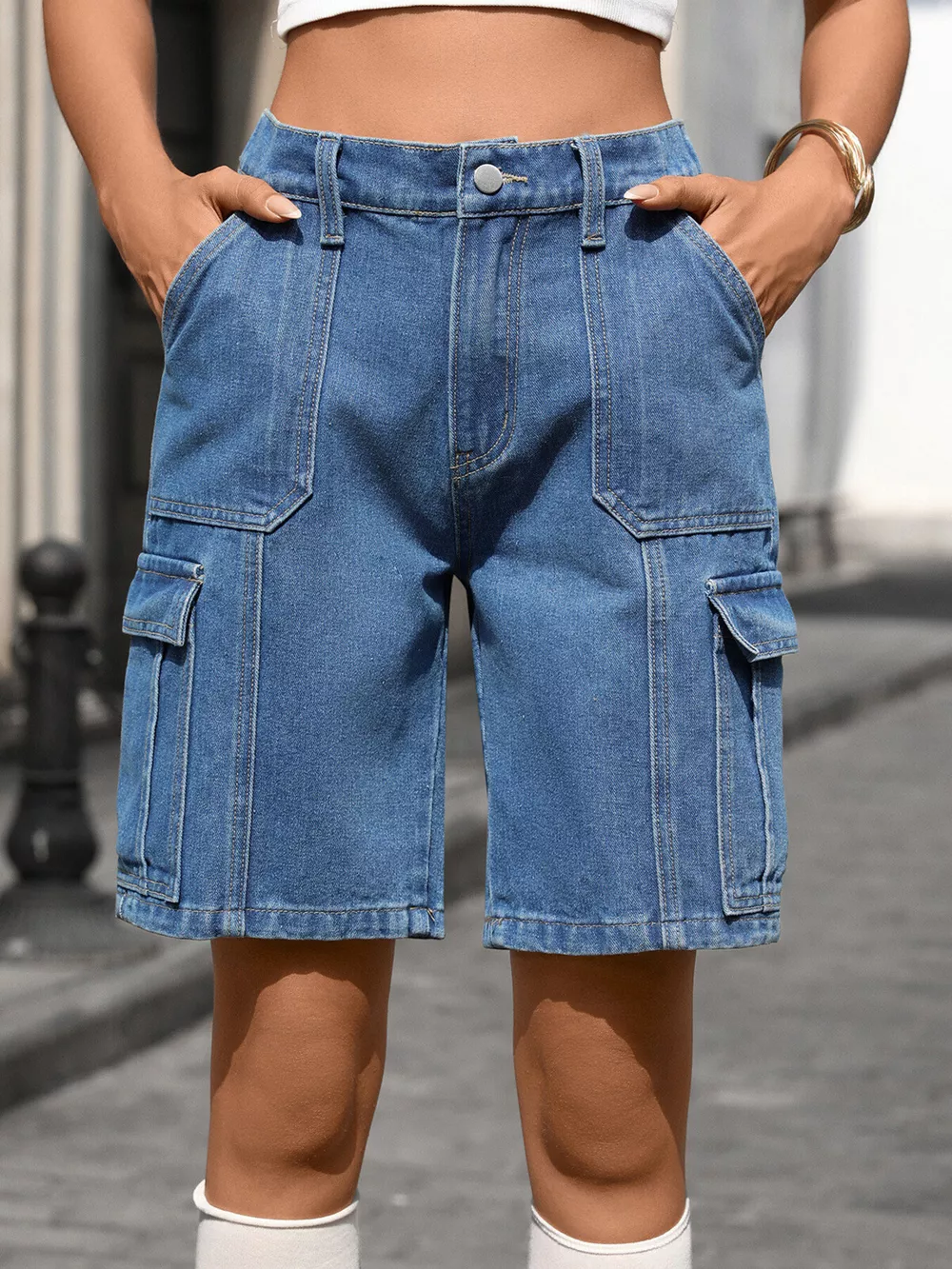 High-Waisted Wash Denim Shorts, image 9