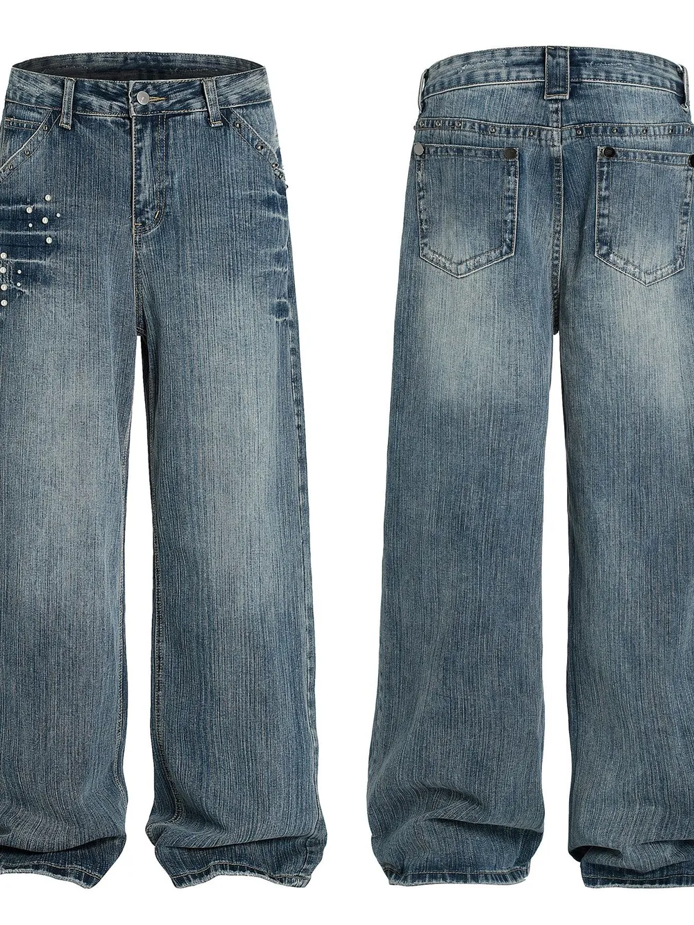 Men's Vintage Wide Leg Pearl Detail Jeans, image 4