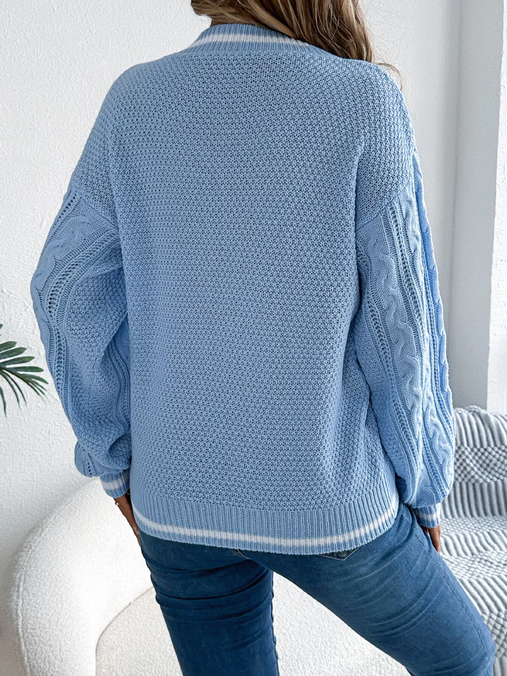 Cable Knit V-Neck Long Sleeve Sweater, image 6