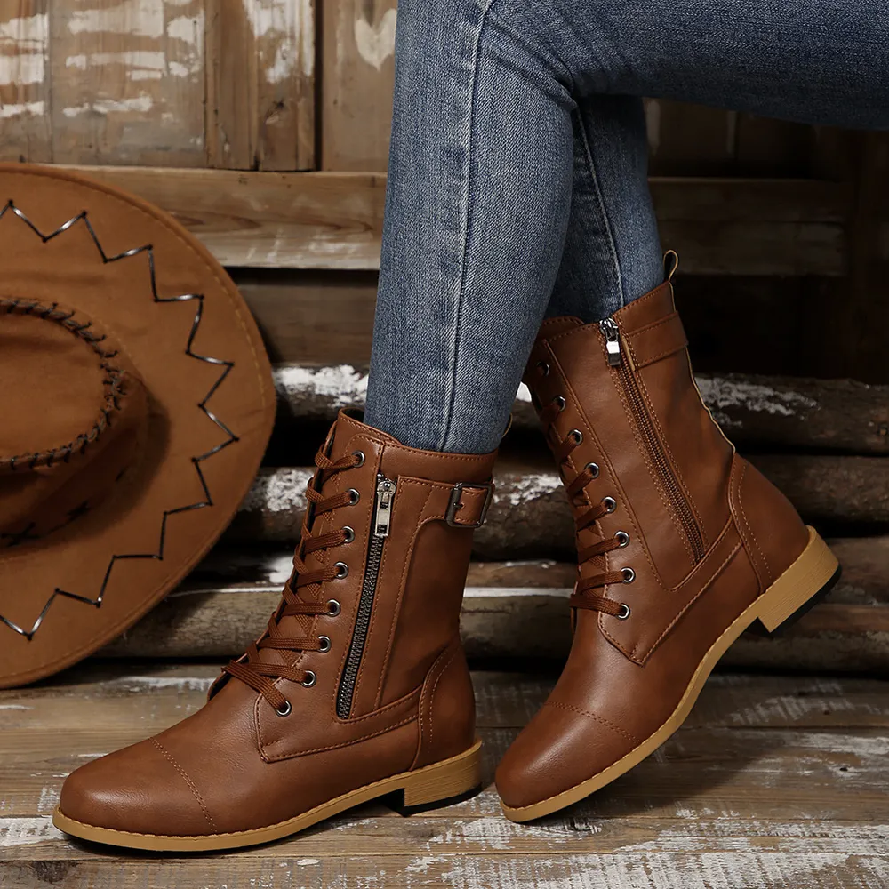 Round Toe Lace Up Block Heels Boots, image 7