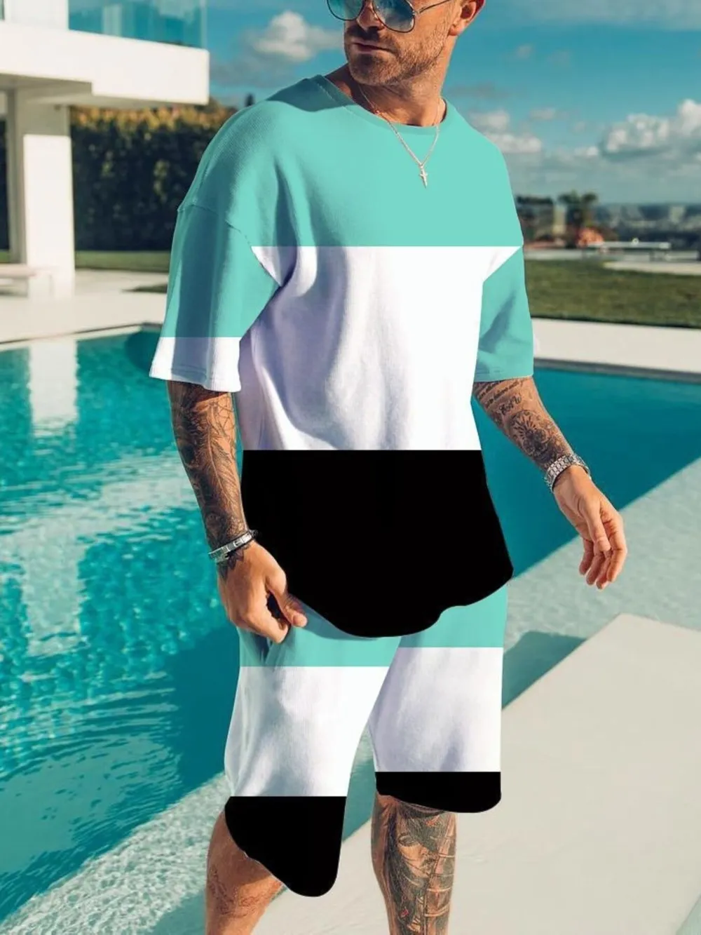 Men's Full Size Color Block Tee and Shorts Set Plus Size, image 3