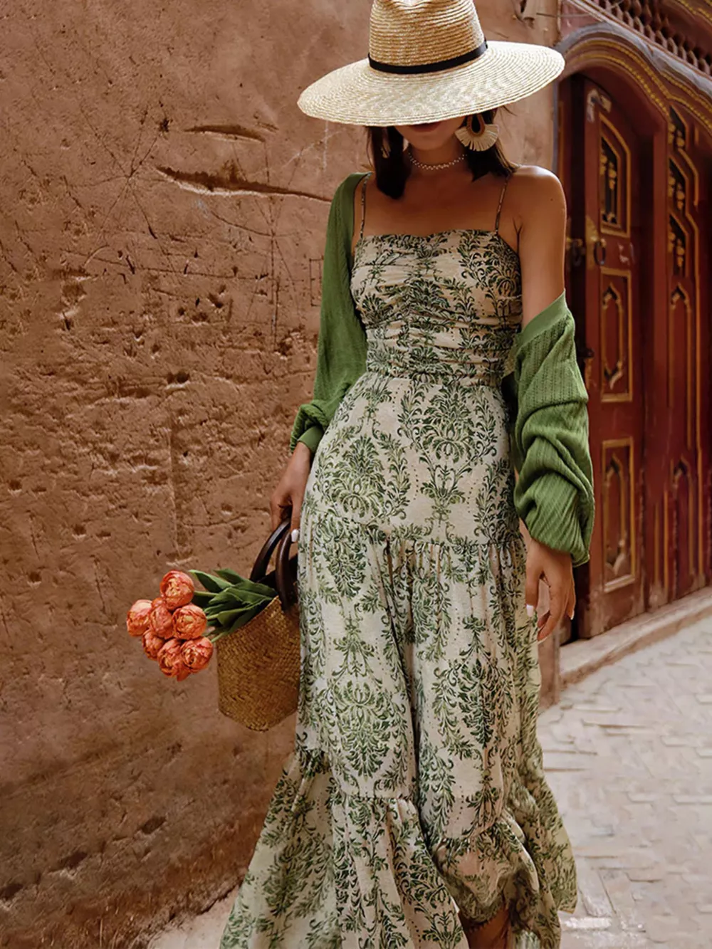 Cutout Back Printed Spaghetti Strap Tiered Maxi Dress