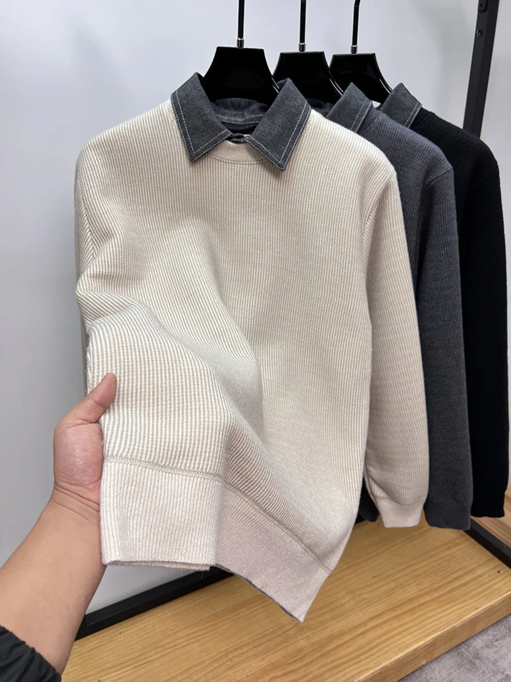 Men's Plus Size Ribbed Knit Collared Neck Sweater