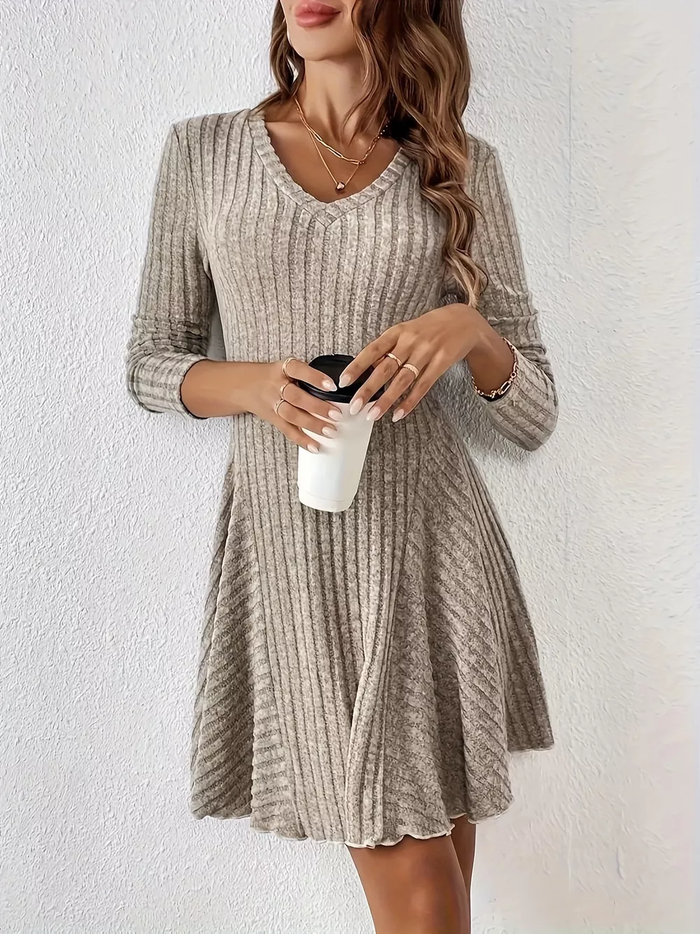 V-Neck Ribbed Knit Flared Knit Dress, image 5