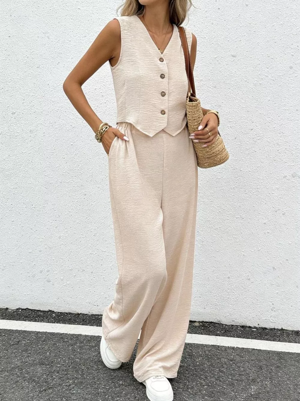 Button Up Vest and Wide Leg Pants Set, image 3