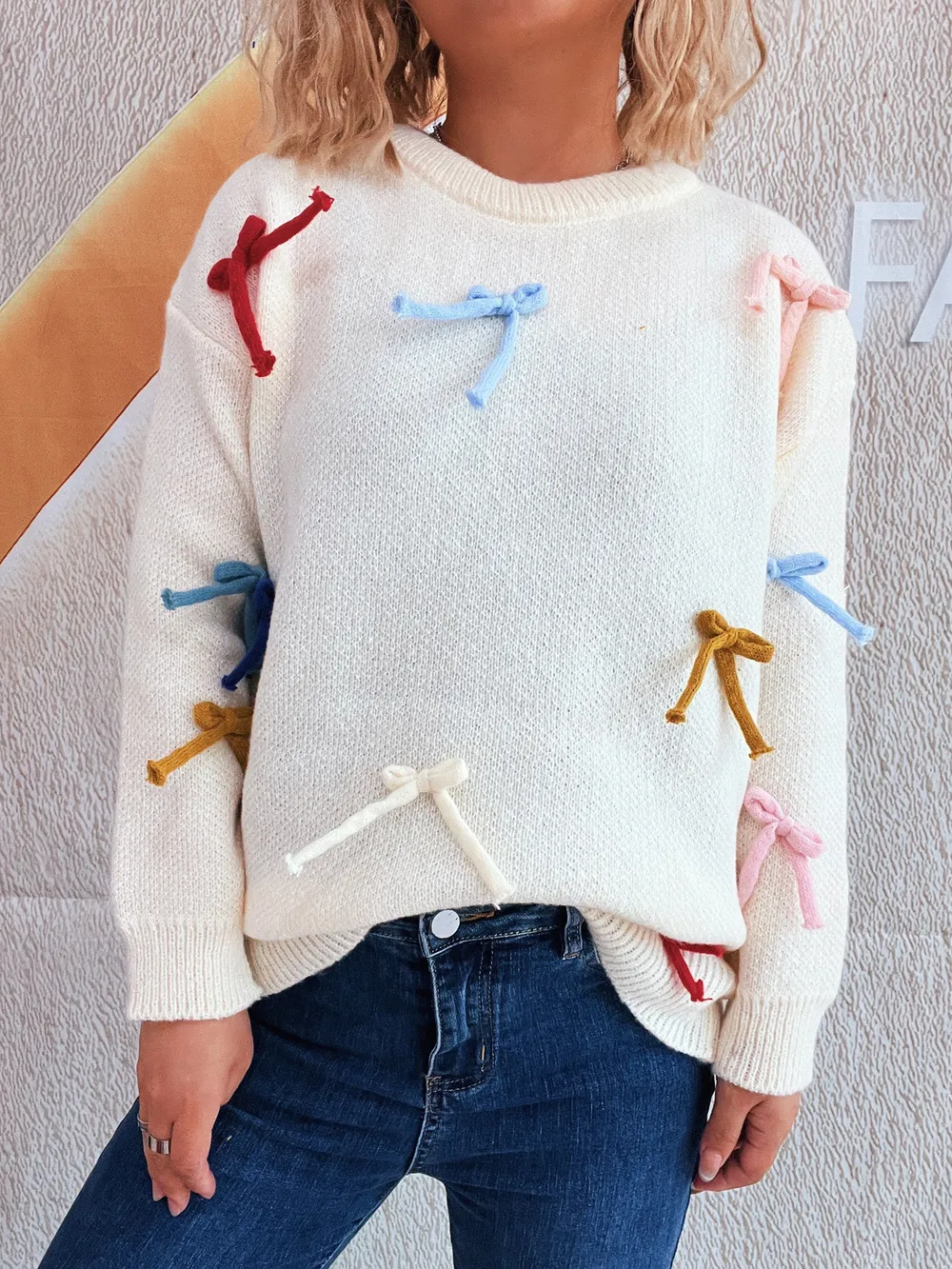 Colorful Bow Round Neck Sweater, image 24