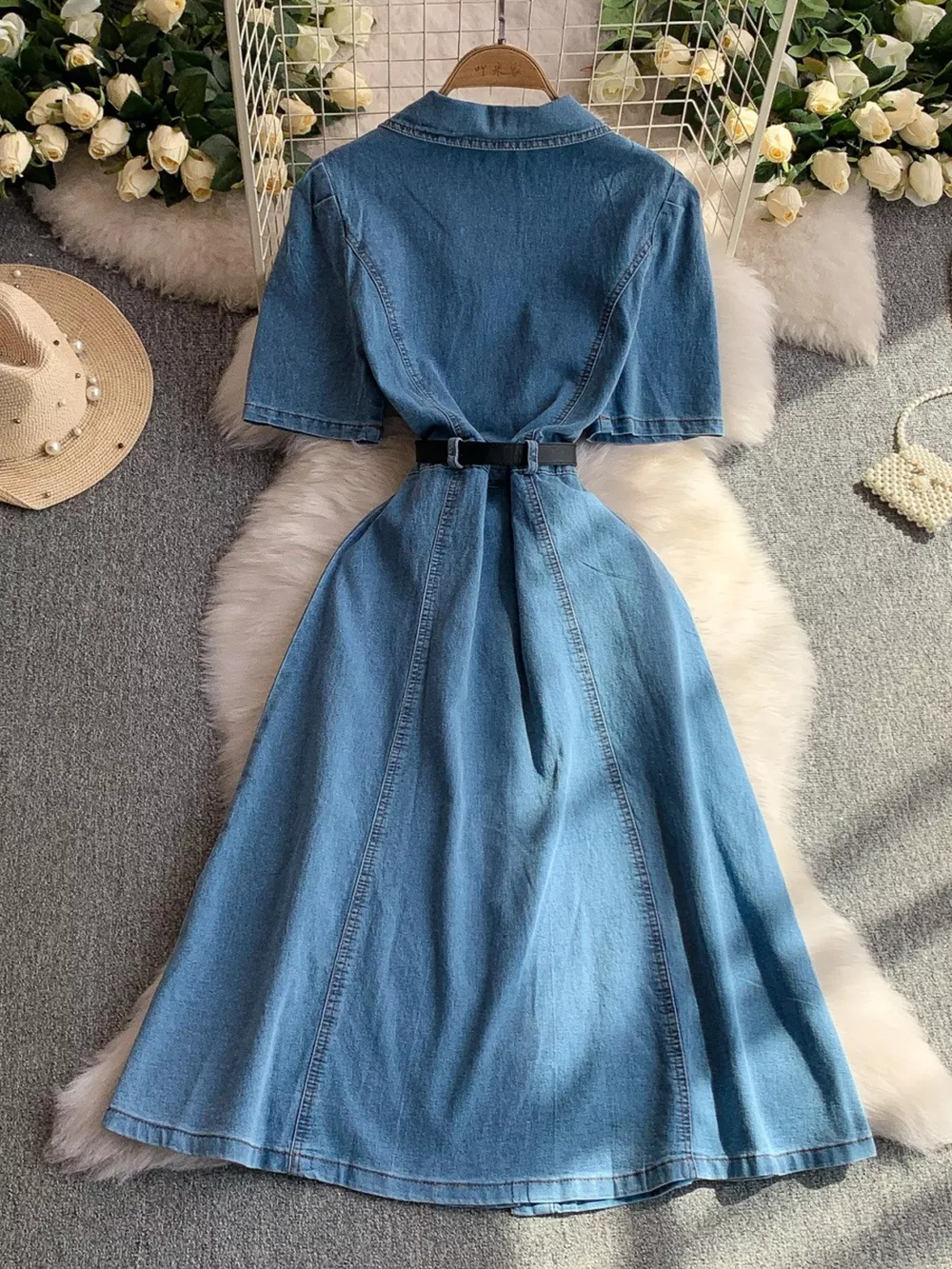 Button Front Short Sleeve Denim Dress, image 5