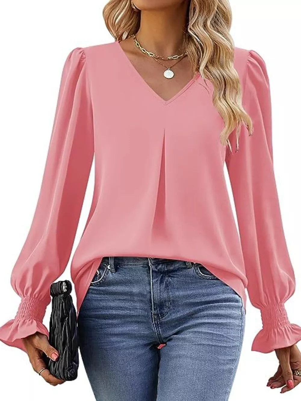 V-Neck Long Sleeve Ruffle Cuff Blouse, image 8