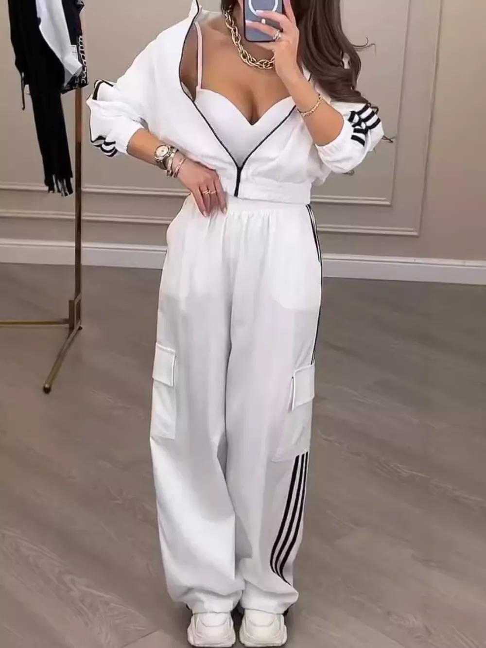 Full Size Side Striped Zip Up Outerwear and Pants Set Plus Size