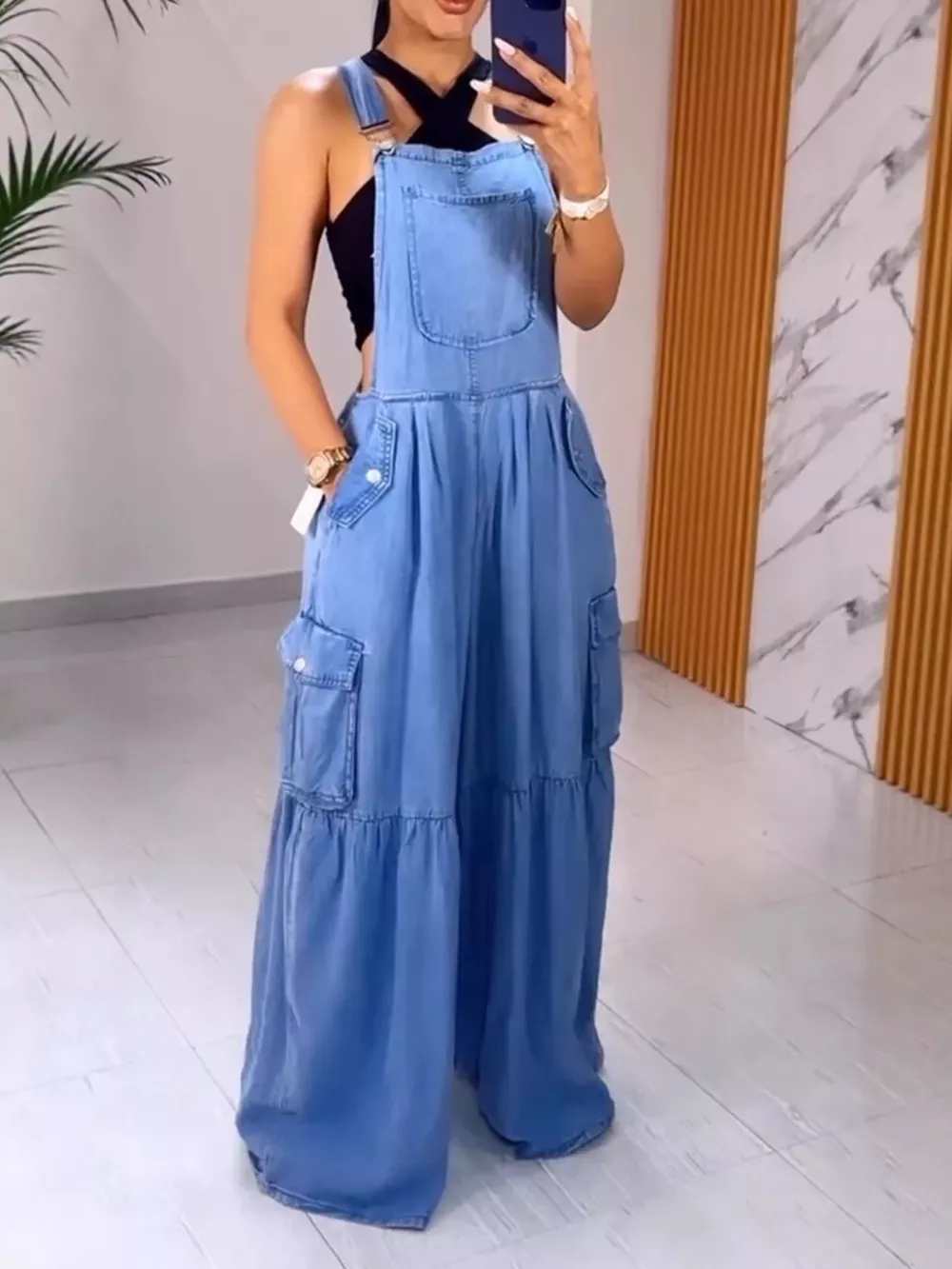 Full Size Pocketed Wide Leg Denim Overalls Plus Size, image 2