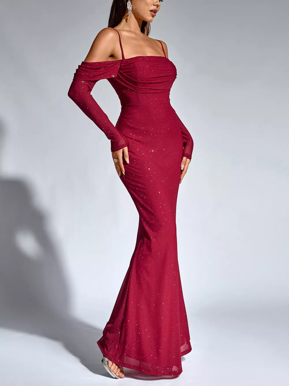 Glitter Ruched Long Sleeve Mermaid Maxi Dress, image 7