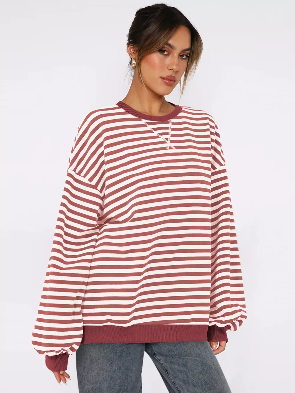 Striped Round Neck Long Sleeve Sweatshirt, image 2