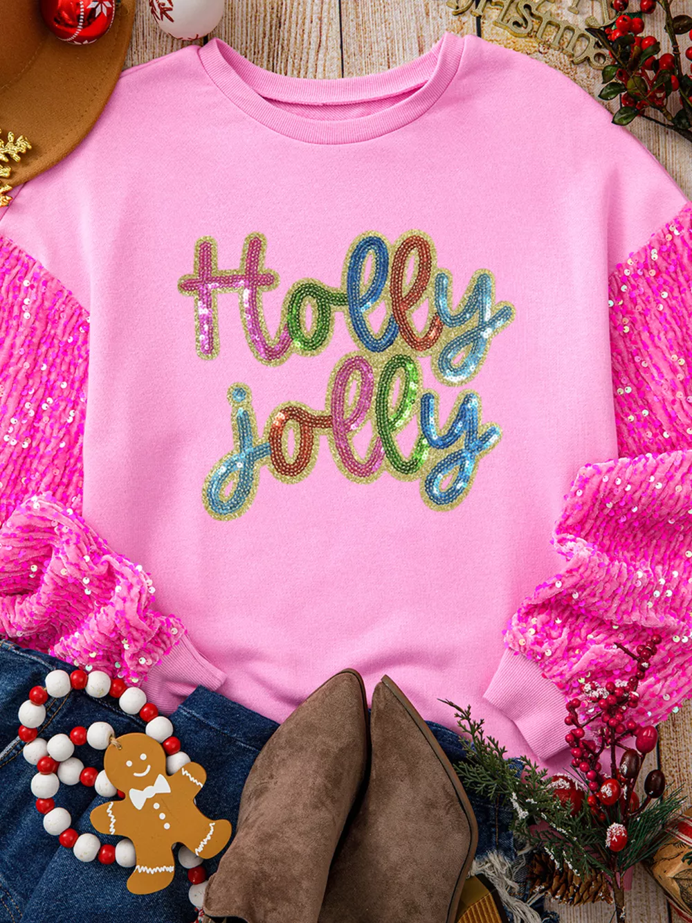 Holly Jolly Sequin Letter Drop Shoulder Long Sleeve Top, image 3