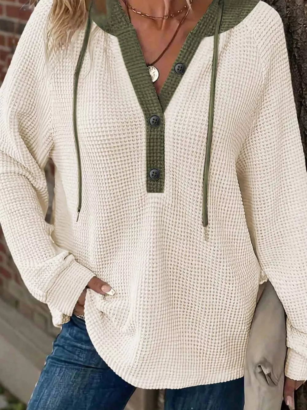 Waffle Knit Button Detail Drawstring Hoodie, image 3