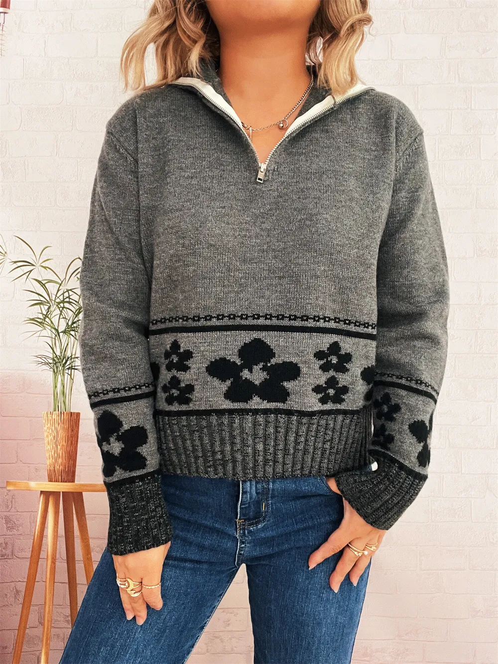 Flower Zip Collar Long Sleeve Sweater, image 12