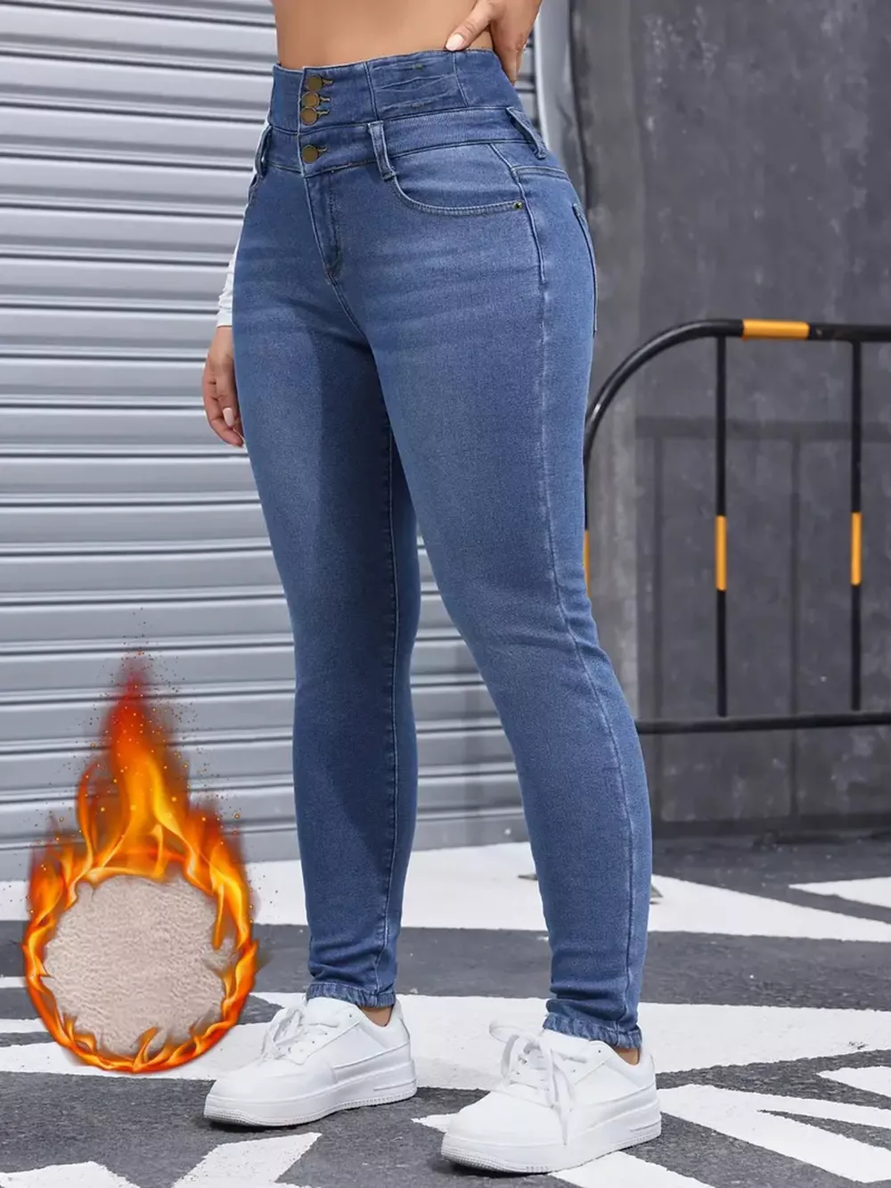 High-Waisted Slim Fit Fleece-Lined Jeans, image 5