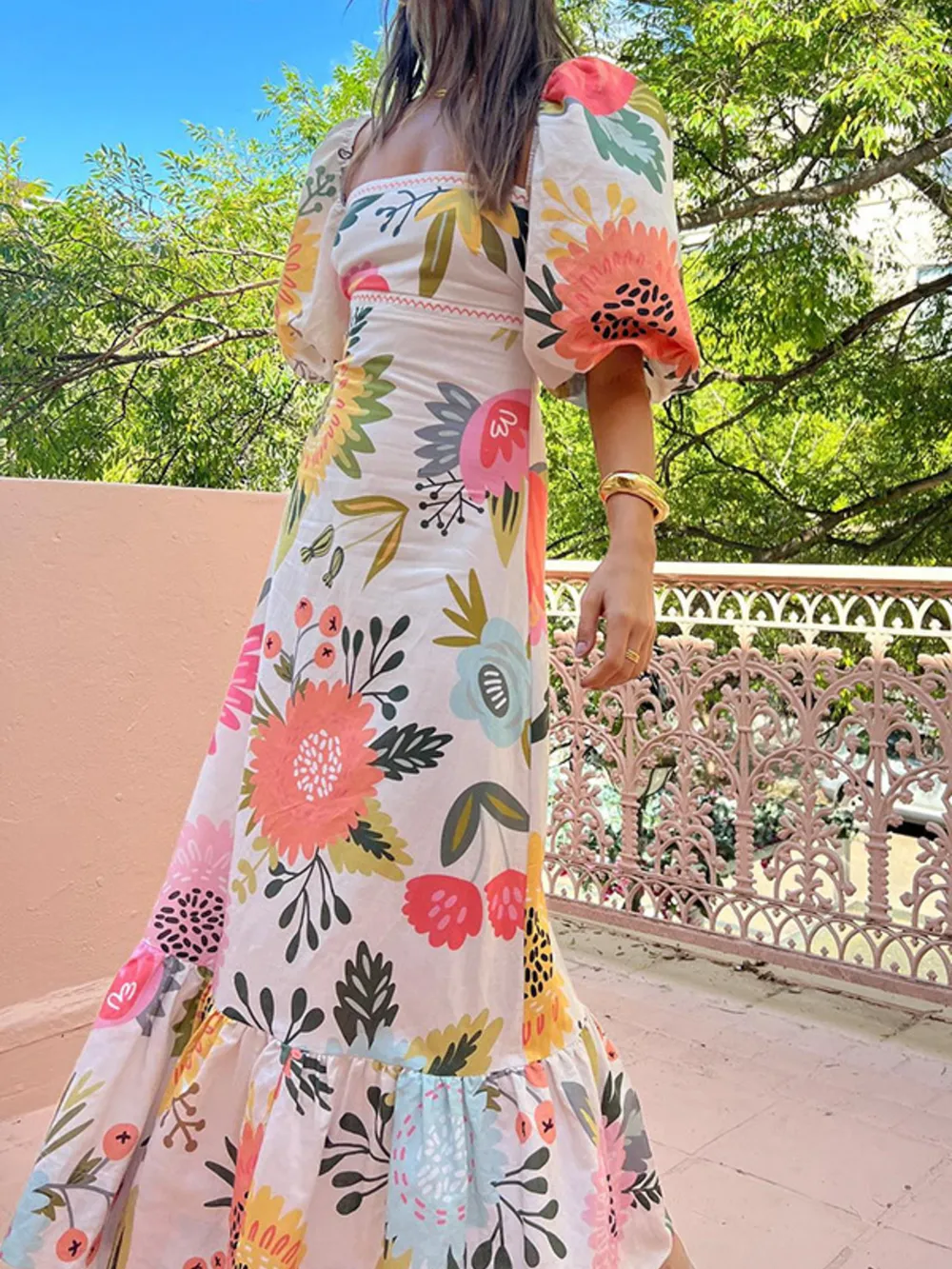 Floral Square Neck Puff Sleeve Maxi Dress with Ruffle Hem, image 4