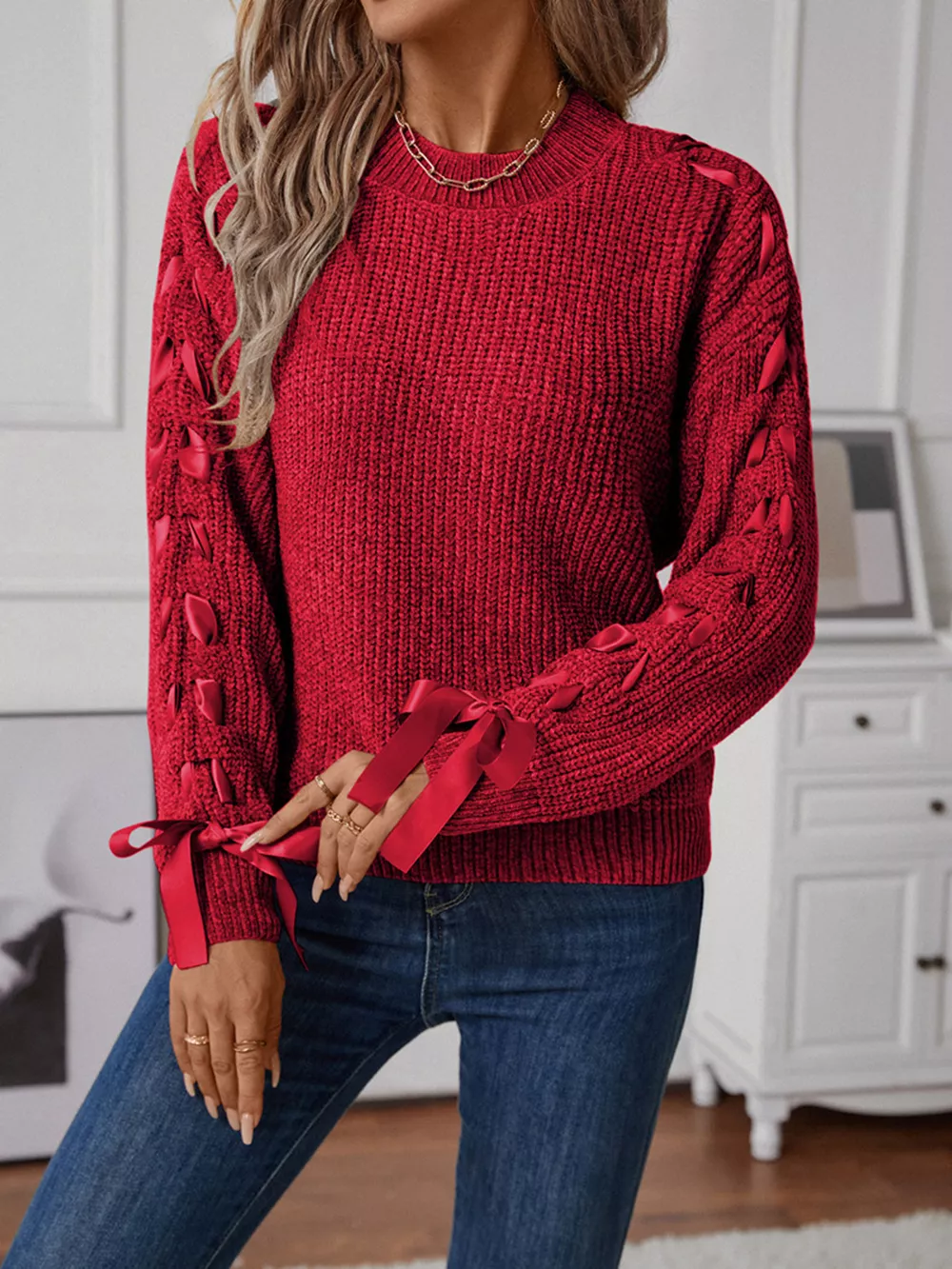 Ribbon-Tie Sleeve Round Neck Sweater, image 6
