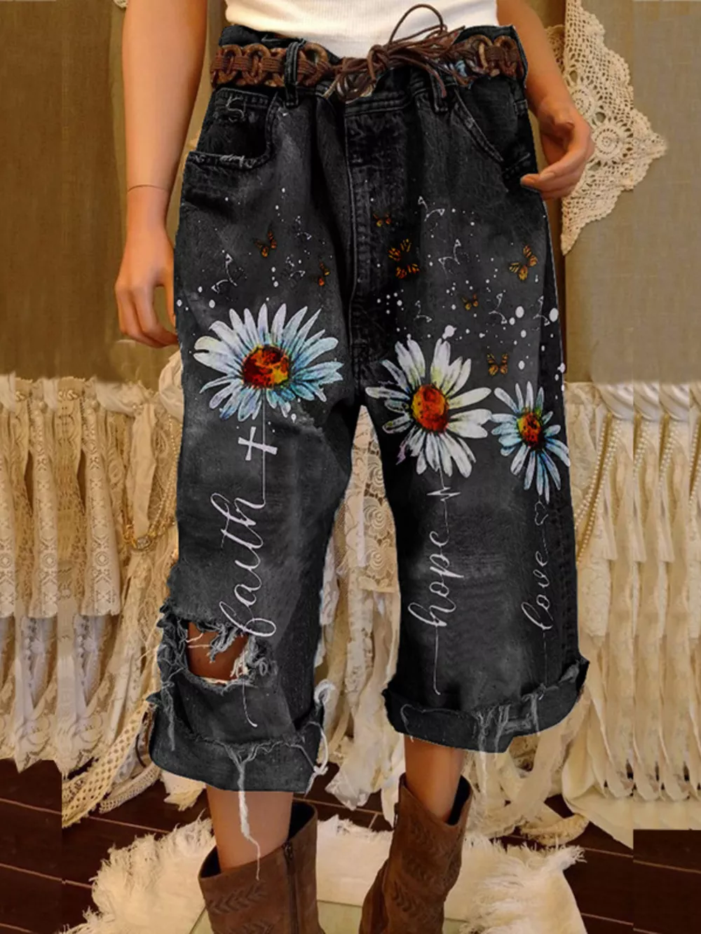 Full Size Floral Distressed Cropped Jeans Plus Size