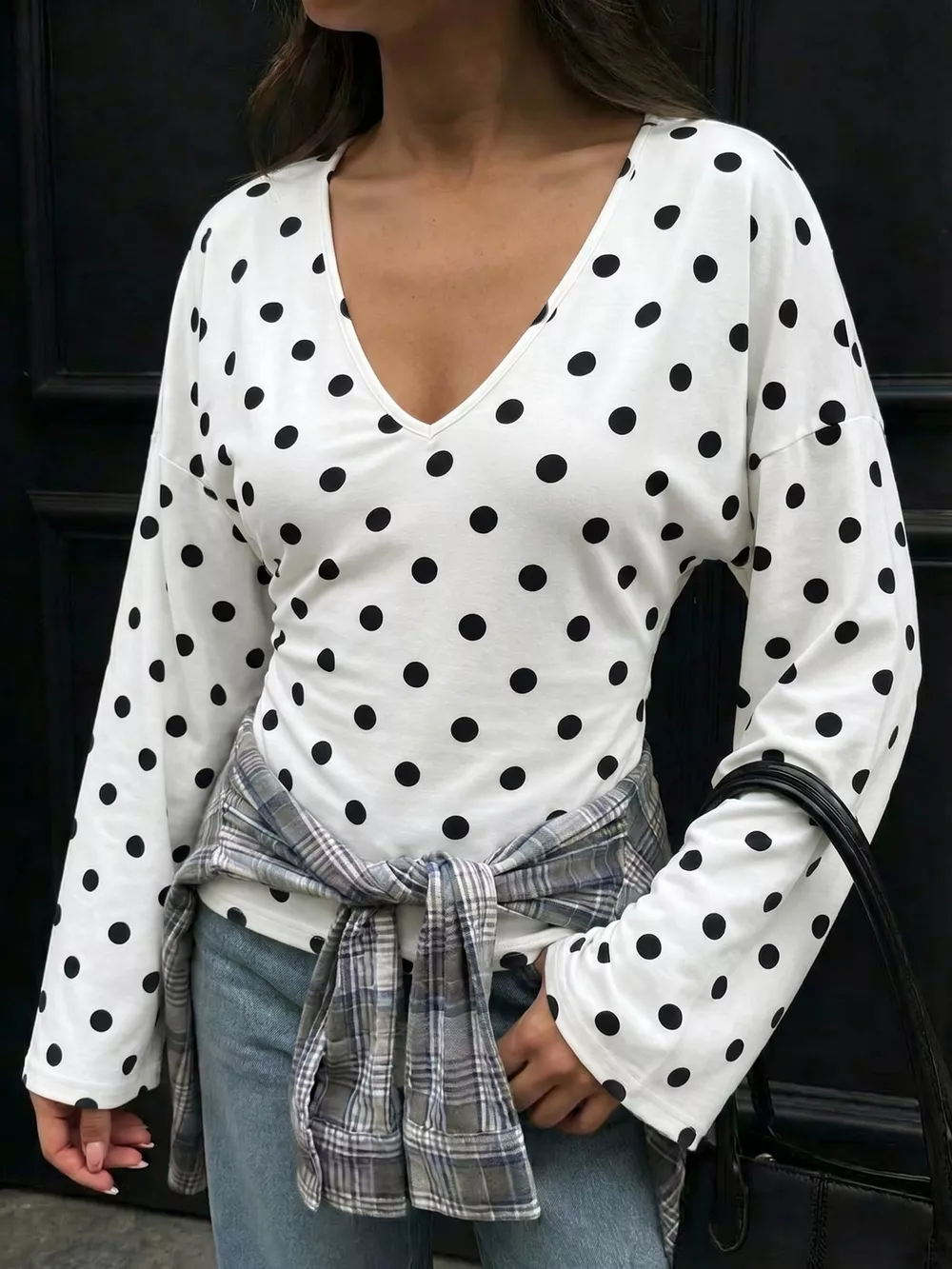 Polka Dot V-Neck Long Sleeve T-Shirt