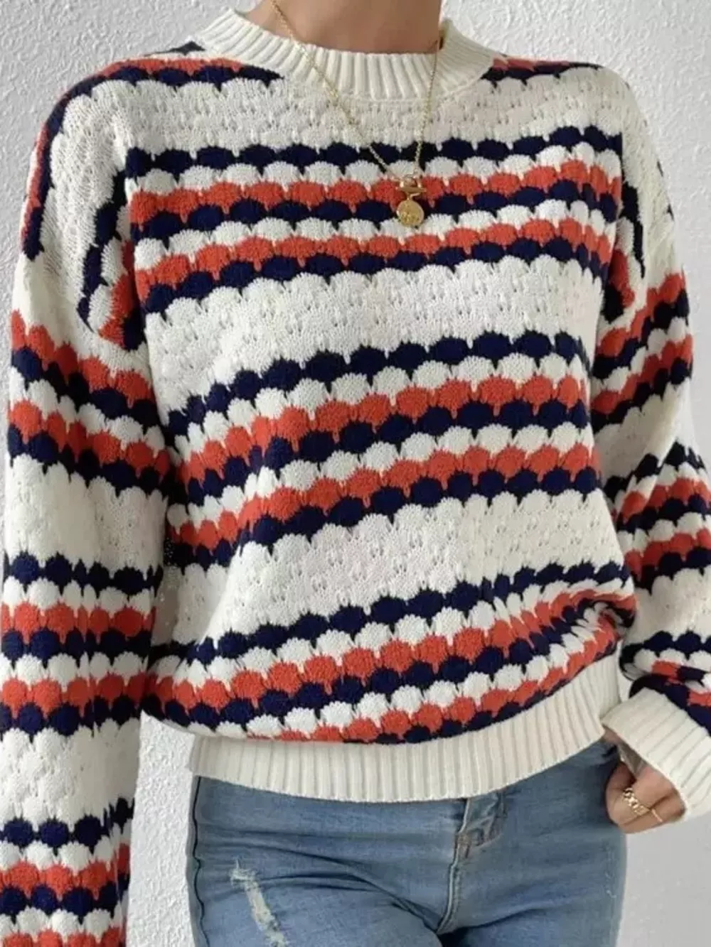 Striped Pattern Round Neck Sweater, image 5