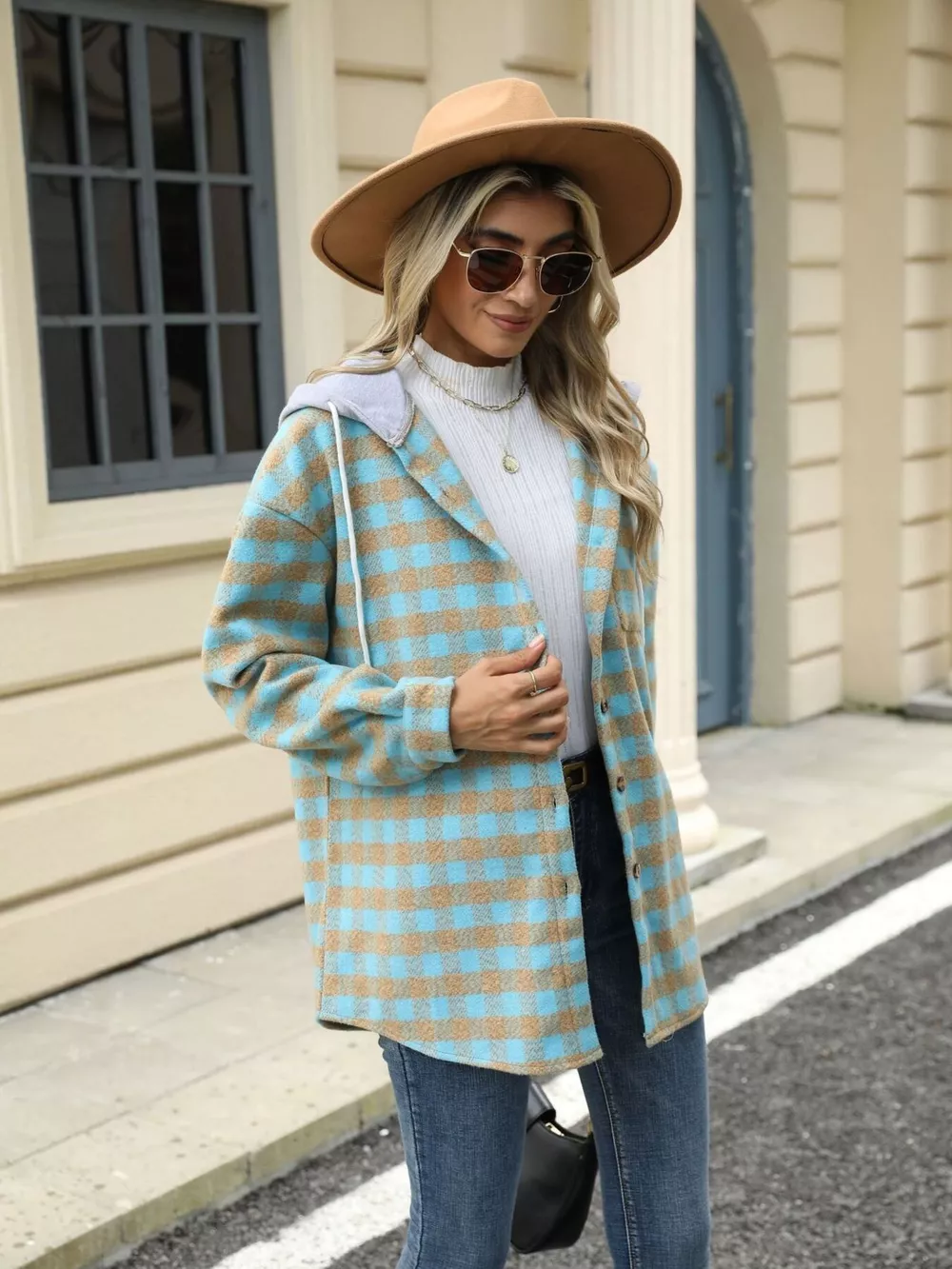Plaid Button Up Long Sleeve Drawstring Hooded Jacket, image 12