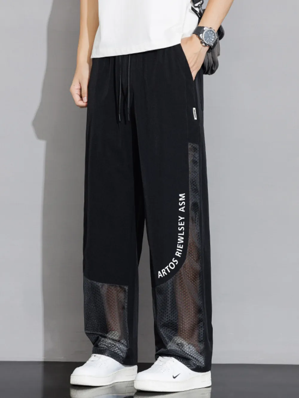 Men's Plus Size Drawstring Wide Leg Mesh Panel Pants