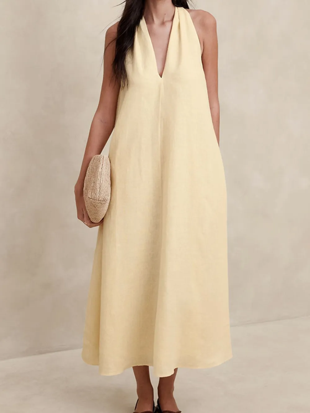 Halter V-Neck Linen Midi Dress, image 2