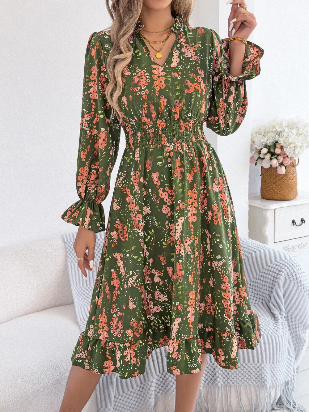 Floral Print Ruffle Hem Flounce Sleeve A-Line Dress, image 6