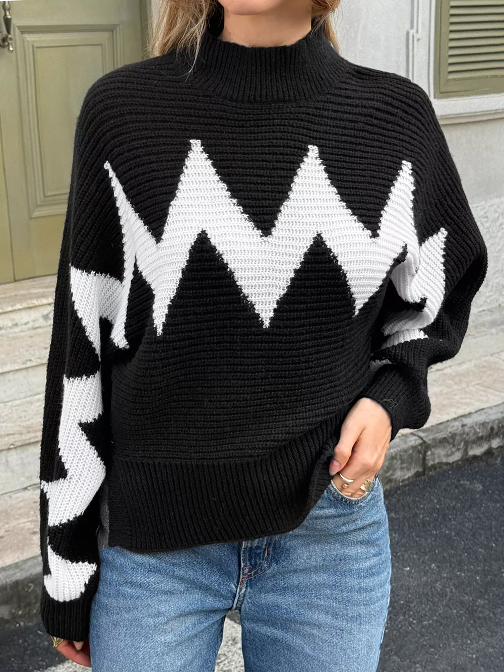 Zigzag Pattern Mock Neck Sweater