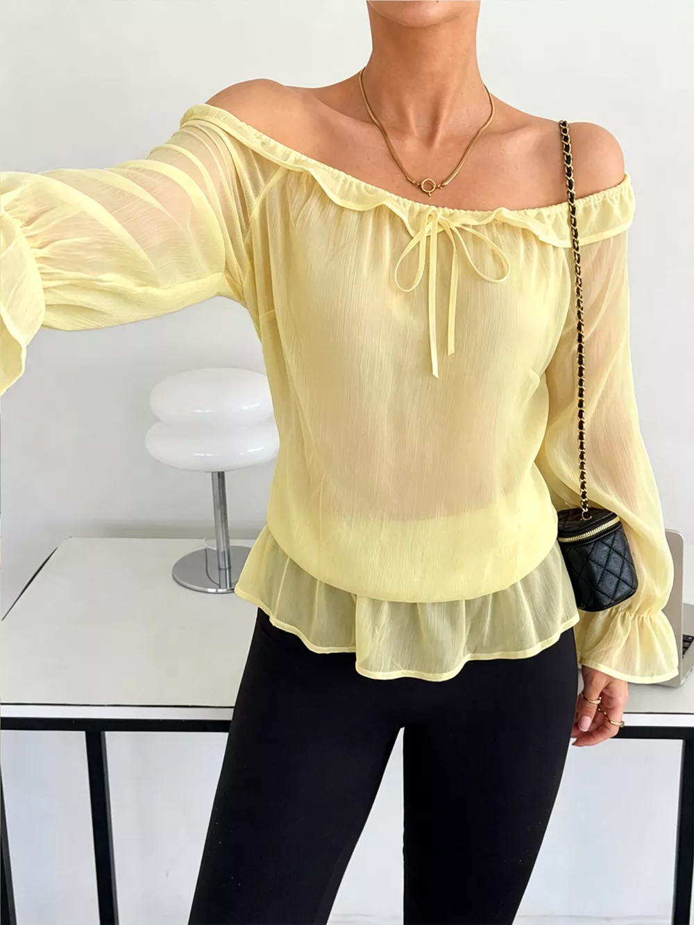 Off-Shoulder Flounce Sleeve Chiffon Blouse, image 16
