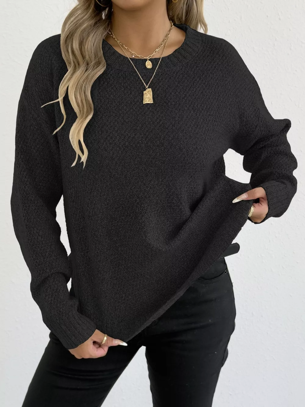 Textured Knit Relaxed Fit Round Neck Sweater, image 7