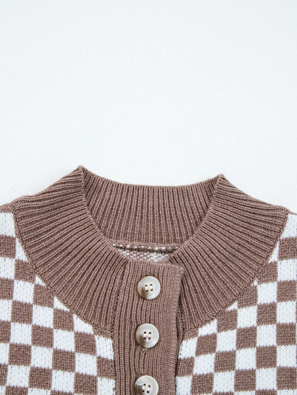 Half Button Ribbed Trim Checkerboard Knit Sweater, image 8