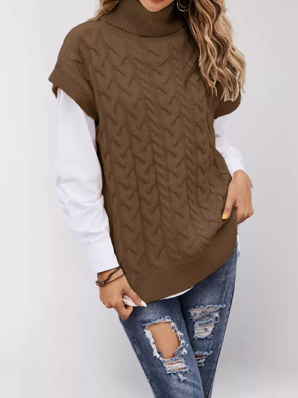 Chunky Knit Turtleneck Cap Sleeve Sweater, image 10