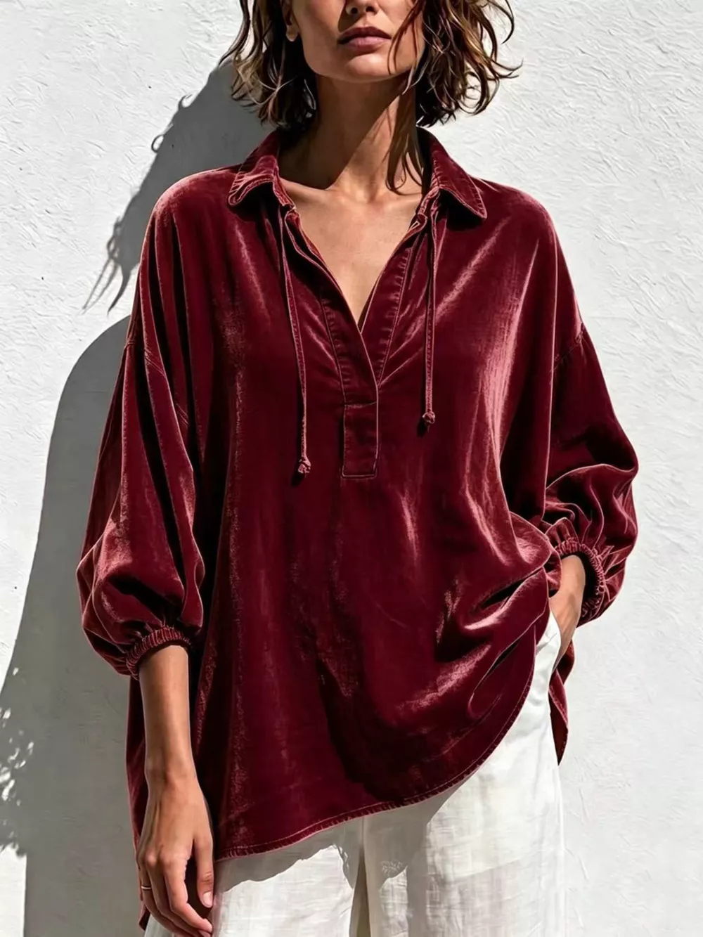 Full Size Oversized Velvet Collared Neck Drawstring Blouse Plus Size, image 11