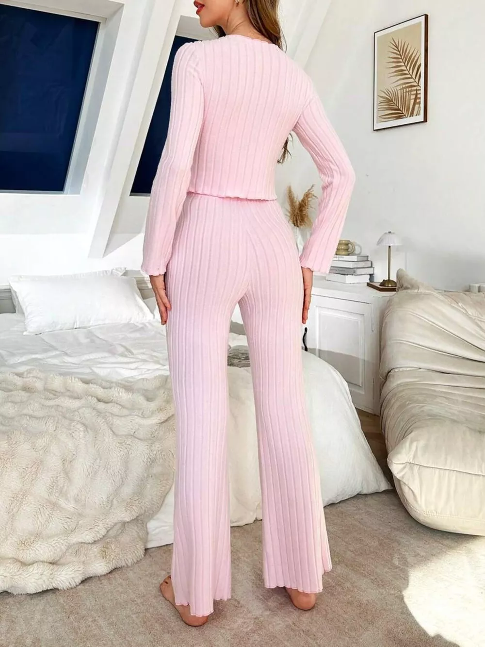 Bow Detail Ribbed Knit Top and Pants Lounge Set, image 5
