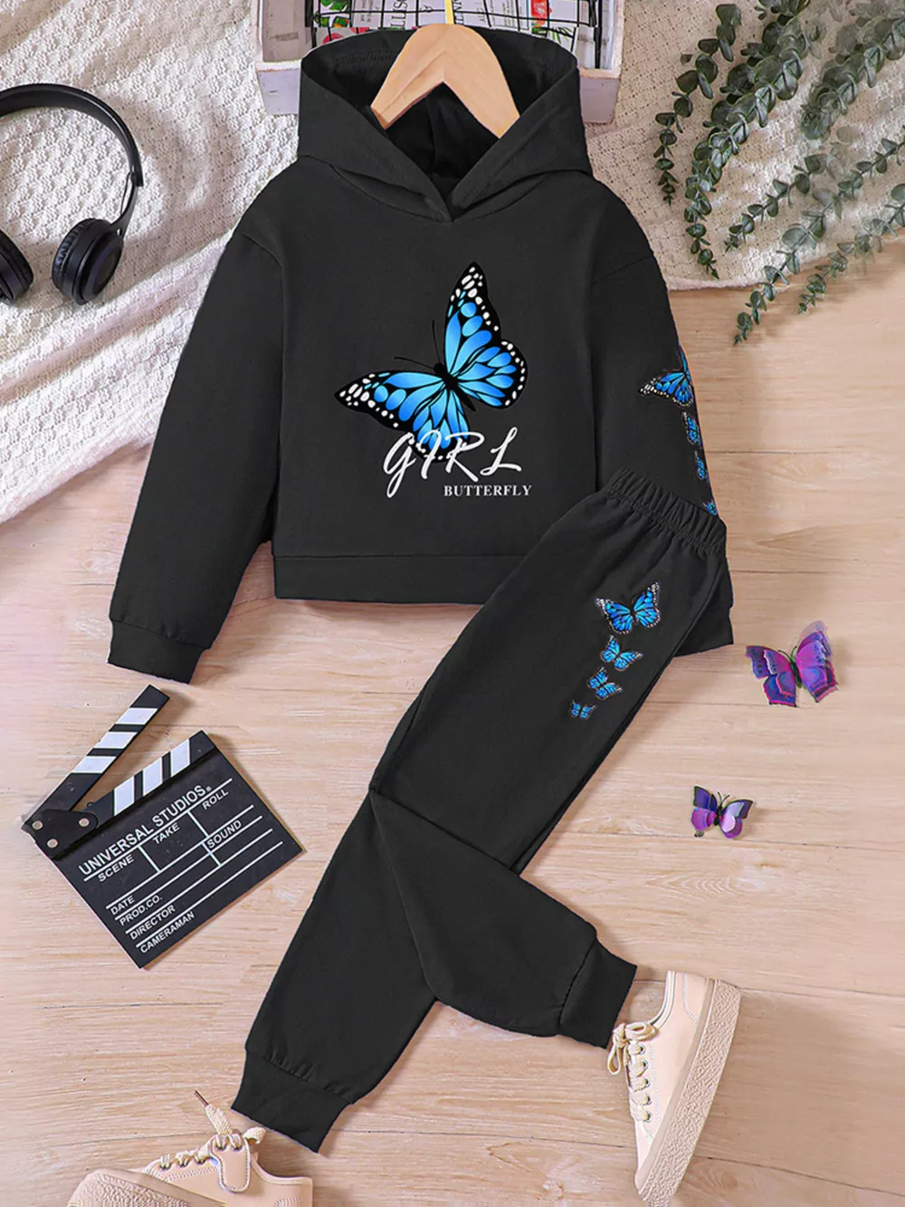 Childrens's Butterfly Print Hoodie & Pants Set
