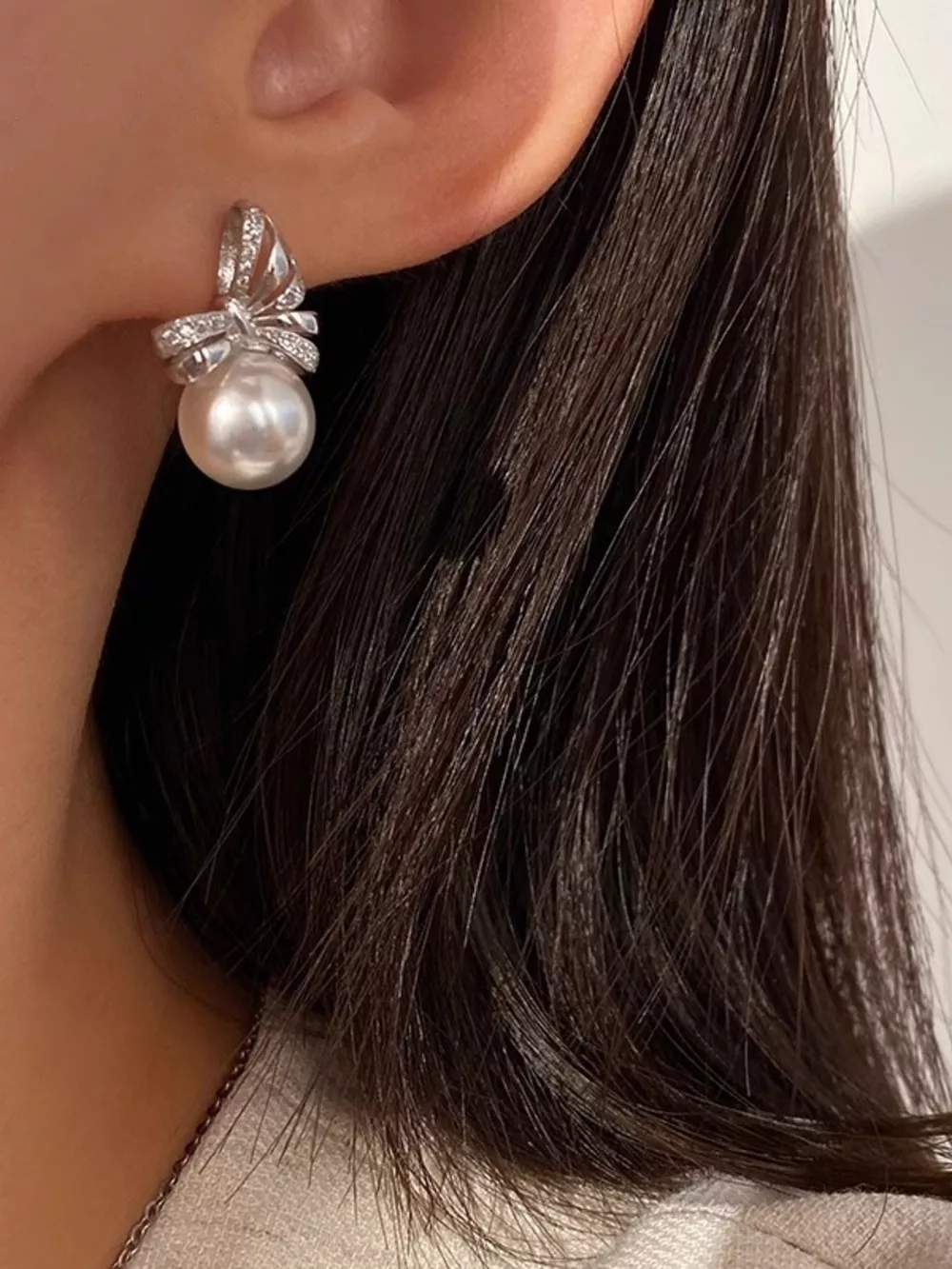 Pearl Bowknot Drop Earrings, image 2