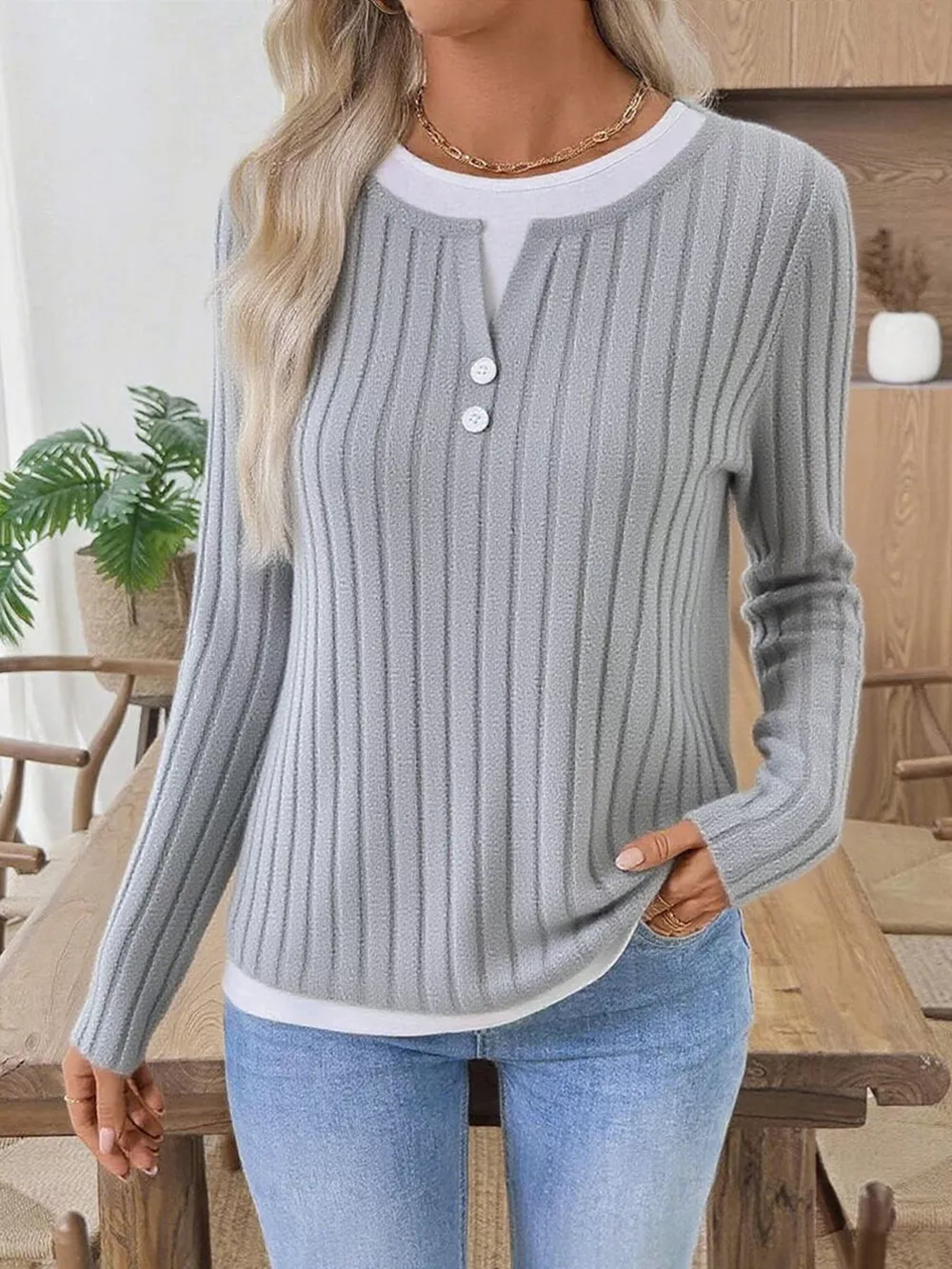 Ribbed Knit Button Detail Contrast Sweater, image 5