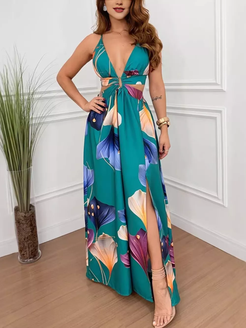 Tropical Print Plunge Cutout Slit Maxi Dress, image 9