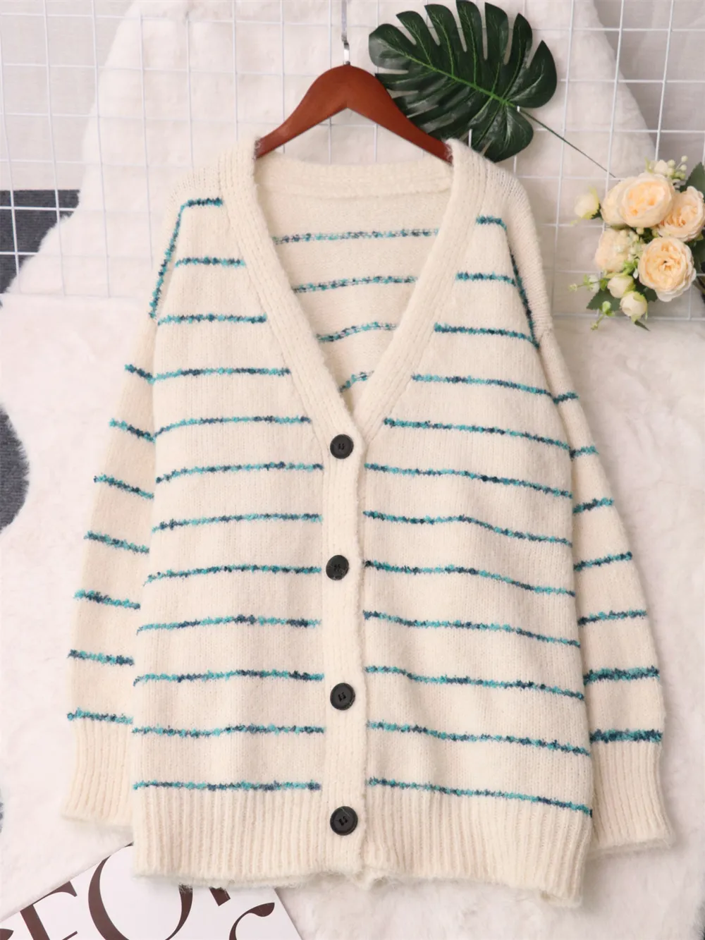 Striped Button-Up Cardigan with V-Neck Design, image 6
