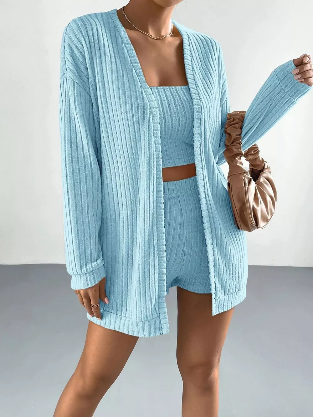 3-Piece Ribbed Knit Cardigan & Tube Top and Shorts Set, image 10