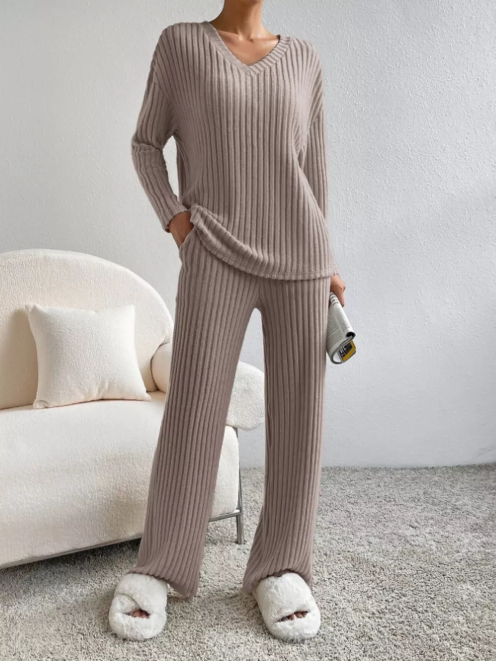 Ribbed Knit Long Sleeve Top and Pants Set, image 6