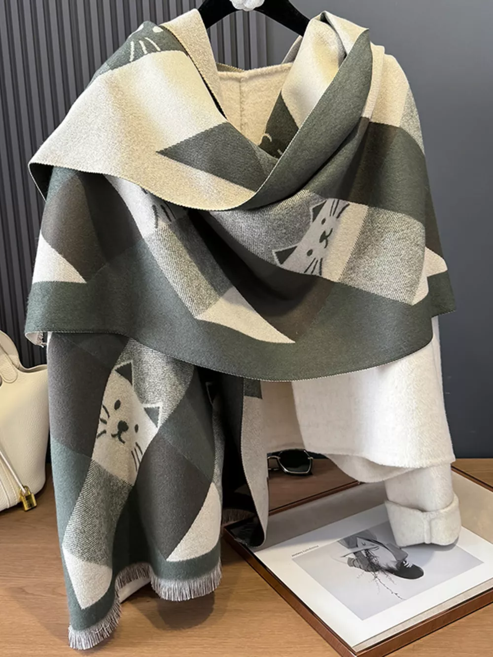 Cute Cat Pattern Plaid Raw Hem Scarf, image 10