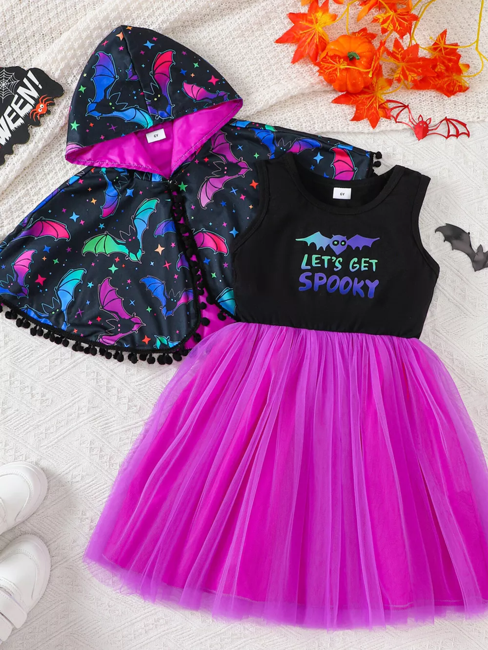 Children's Halloween Bat Print Hooded Cape and Tulle Dress Set, image 2
