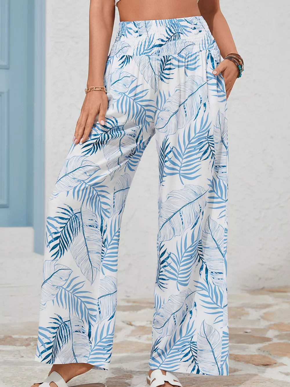 Tropical Print Shirred Waistband Wide Leg Pants, image 4