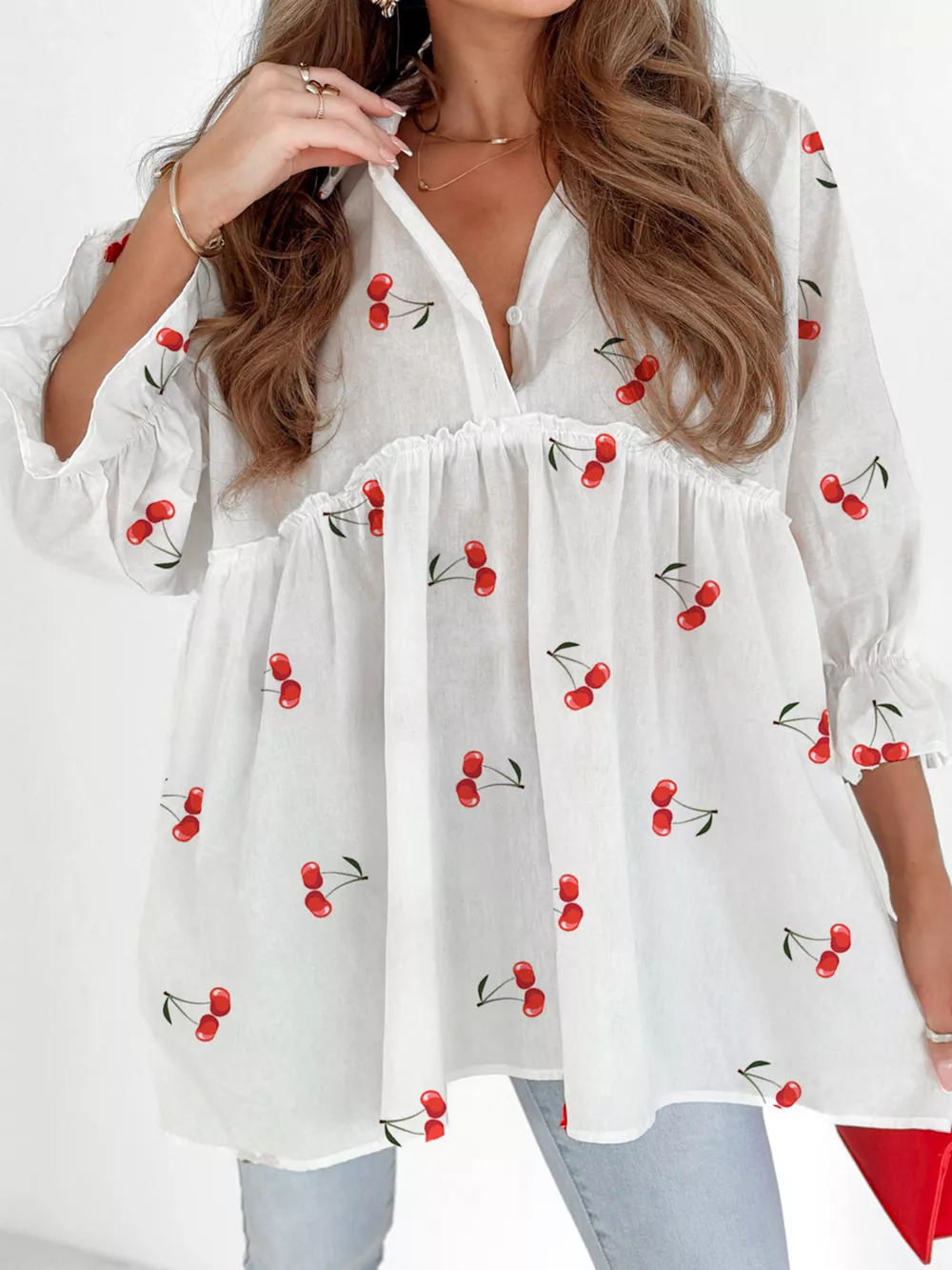Cherry Print Flounce Sleeve Collared Frilled Babydoll Blouse, image 4