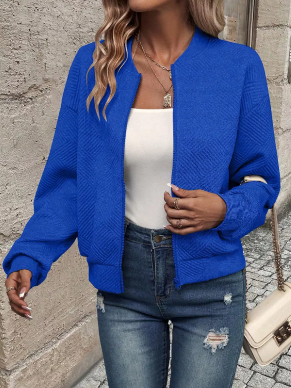 Textured Knit Zip-Up Bomber Jacket, image 20