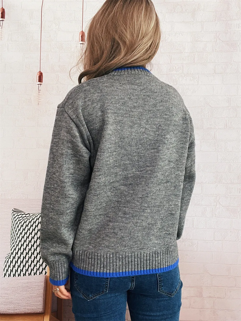 Ribbed Contrast Trim Long Sleeve Sweater, image 4