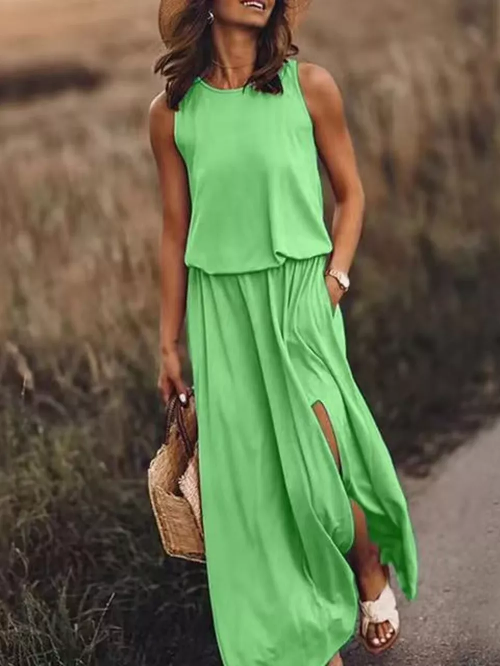 Full Size Round Neck Sleeveless Slit Maxi Dress Plus Size, image 30